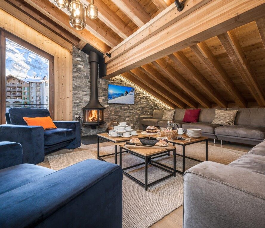 Penthouse Misha living room, with afternoon tea, chalet in Arc 1950