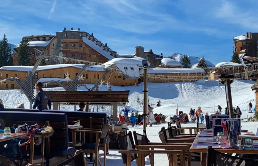 Sunny terrace overlooking snowy Avoriaz