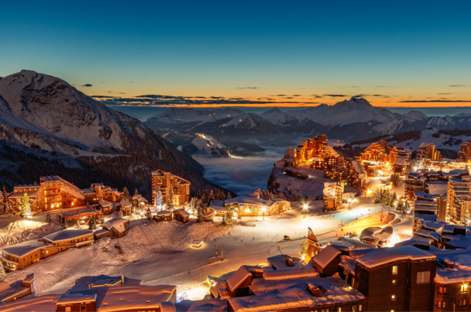 Avoriaz ski resort at night with lights from the chalets and hotels