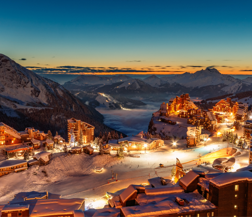Avoriaz ski resort at night with lights from the chalets and hotels