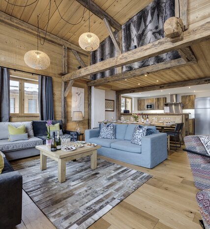 Luxurious living area in wooden chalet