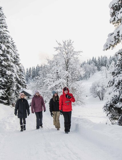 Four people walking along very snowy path in Les Gets