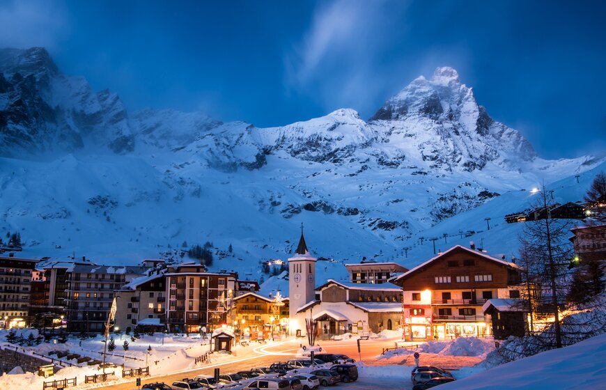 Cervinia by night with Matterhorn in distance