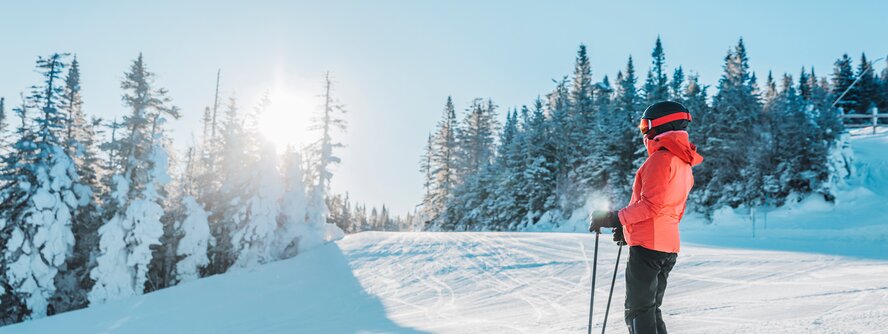 Female skier stood on the piste