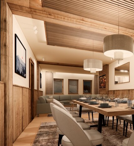 CGI image of dining table for 12 in luxury Graciosa ski chalet in La Plagne