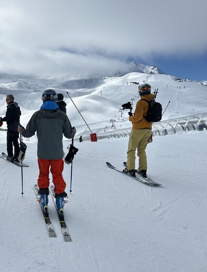 VIP SKI UK staff getting ready to film some content on the ski slopes of Val d'Isere