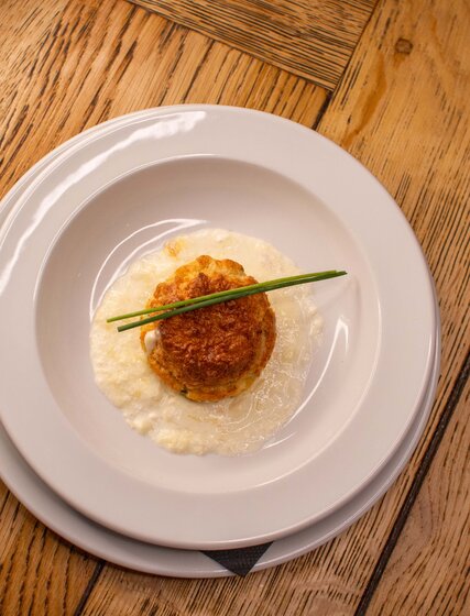 Overhead image of VIP SKI twice baked cheese soufflé