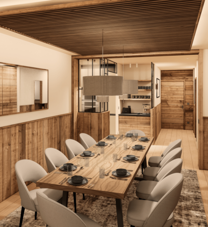 CGI image of the contemporary dining area in one of the VIP SKI Graciosa ski chalets in Plagne Centre