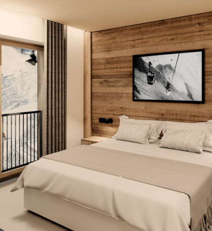 CGI image of a double bedroom in one of the VIP SKI Graciosa ski chalets in Plagne Centre
