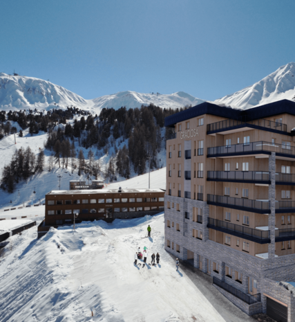 CGI exterior of the VIP SKI Graciosa ski chalets in Plagne Centre