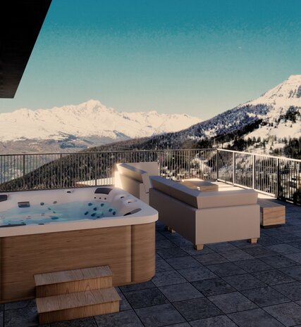 CGI image of hot tub and mountain views from CLUB Sagarmatha Penthouse