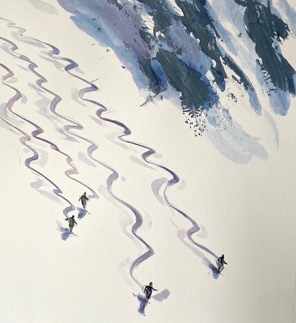 Watercolour painting of skiers skiing down fresh snow