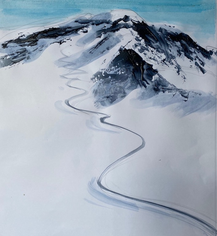 Watercolour painting of ski tracks on fresh snow