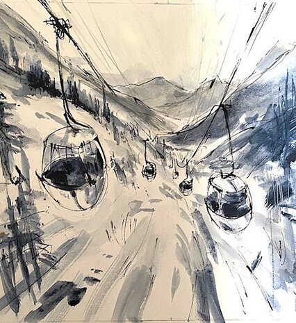 Watercolour painting of ski lifts coming up mountain