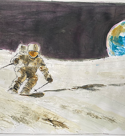 Watercolour painting of astronaut skiing down slope with planet earth in distance