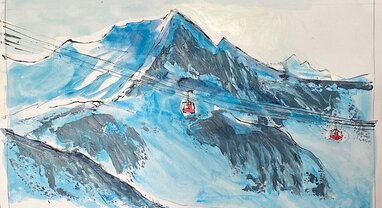 Watercolour painting of two red cable cars with snowy mountain in background