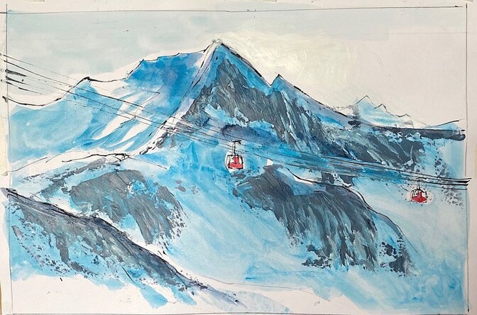 Watercolour painting of two red cable cars with snowy mountain in background