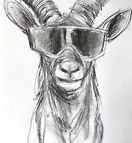 Black and white sketch of Ibex wearing ski goggles