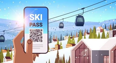 Animated hand holding phone with ski pass on screen and gondolas in the background