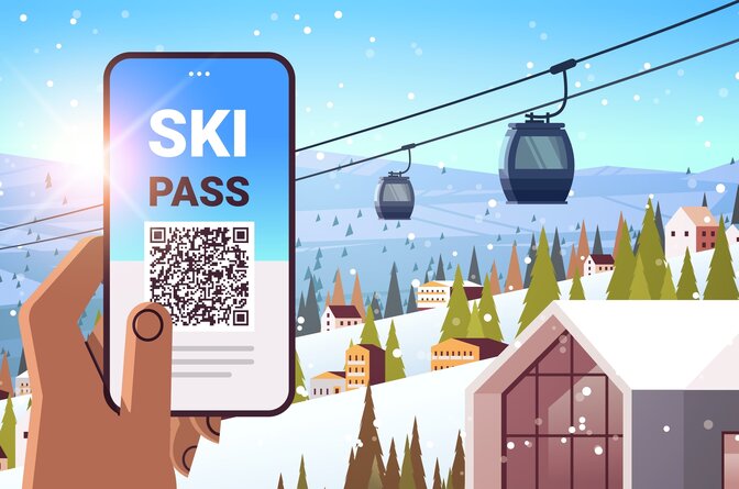 Animated hand holding phone with ski pass on screen and gondolas in the background