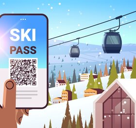 Animated hand holding phone with ski pass on screen and gondolas in the background