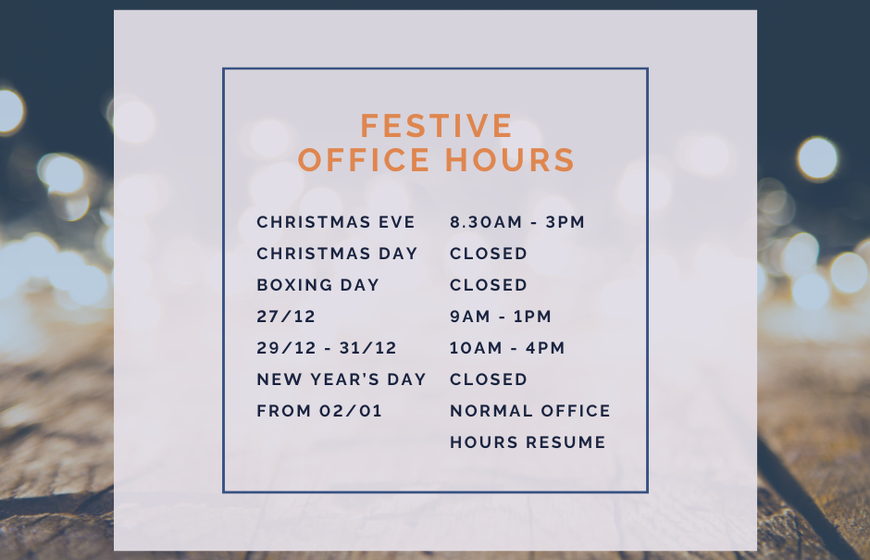 Graphic showing festive office hours for 2025