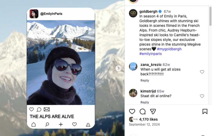 Screenshot of Goldbergh instagram post showing Emily in Paris in Megeve