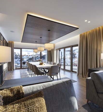 Spacious contemporary dining area in the Sagarmatha Penthouse, La Plagne