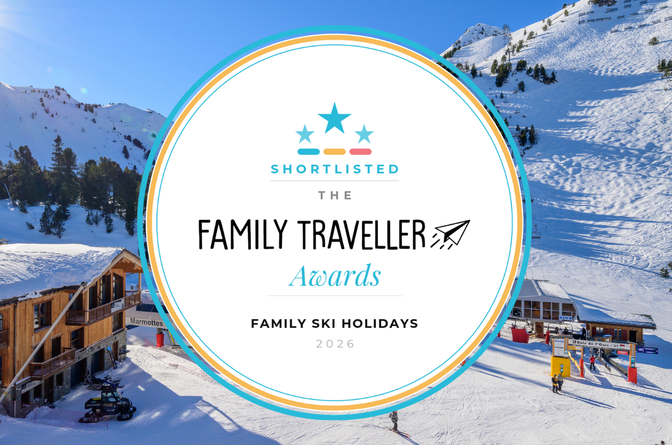Snowy scene with "Shortlisted The Family Traveller Awards Family Ski Holidays 2026 text overlay
