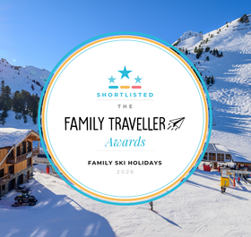 Snowy scene with "Shortlisted The Family Traveller Awards Family Ski Holidays 2026 text overlay