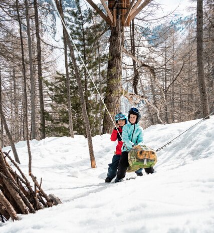 Two children on wooden animal swing in snowy forest