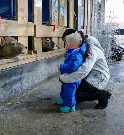 Mother and toddler looking at cows at farm