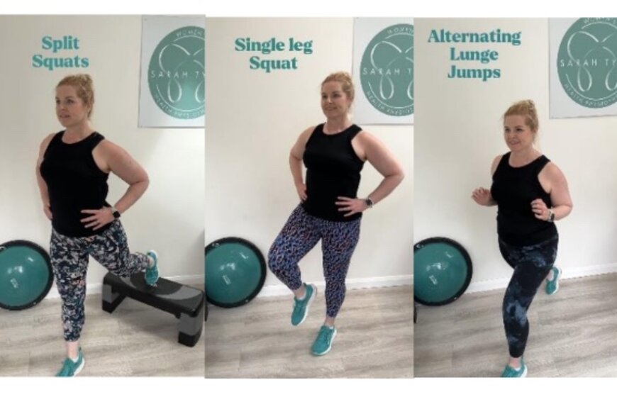 Images of physio demonstrating squats and lunge jumps