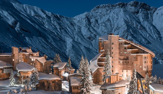 Avoriaz village at night covered in snow