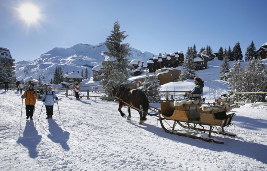Horse drawn sleigh in Avoriaz on sunny day