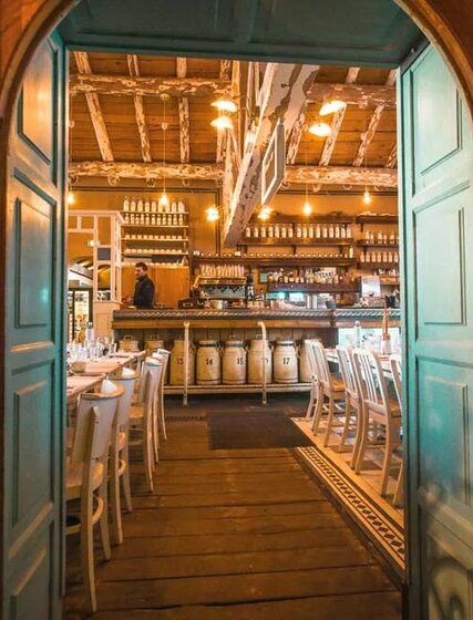 Interior view of bar area and tables and chairs